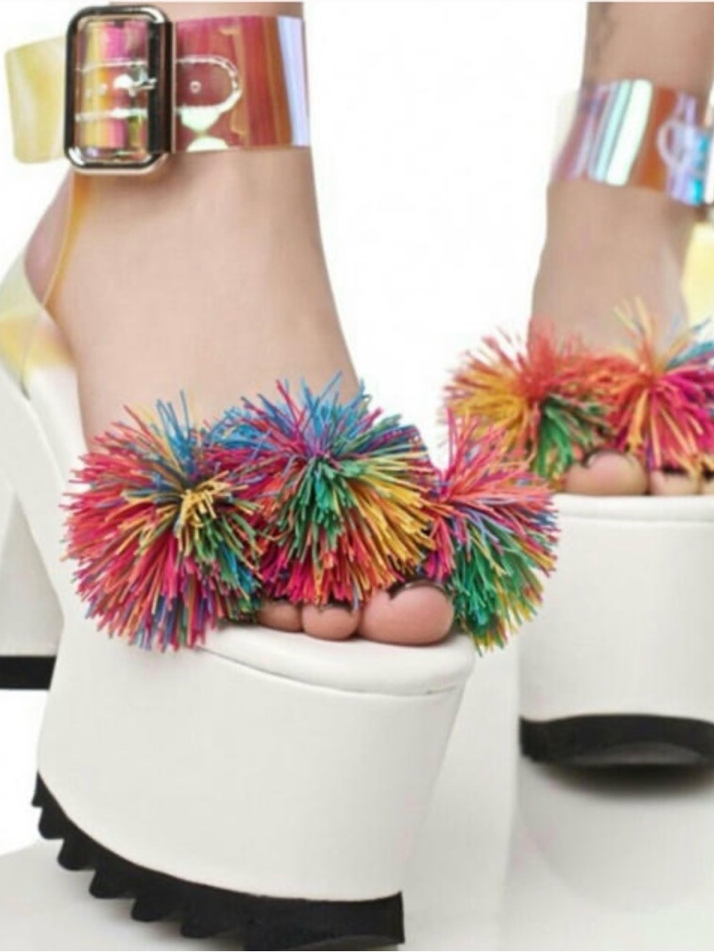 Sugarbaby x Dolls Kill Slink Platform White Sandals w/ Pom Poms - Size 11 - NEW